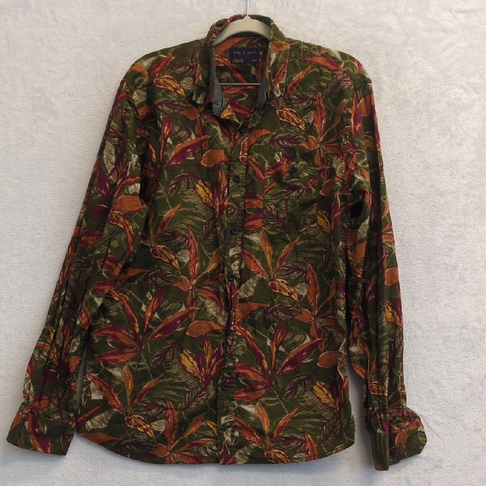Day & Age Men's Botanical Olive Long Sleeve Button‎ Down Shirt Size L